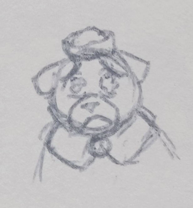 a closeup shot of one of the previous images, featuring a drawing of Bucky, an anthropomorphic beaver who wears a sailor's cap and sleeveless sailor's shirt. The drawing is from the shoulder-up. Bucky's ears are down and he has a big frown on his face. His eyes are watery, and his eyebrows are slanted over them.